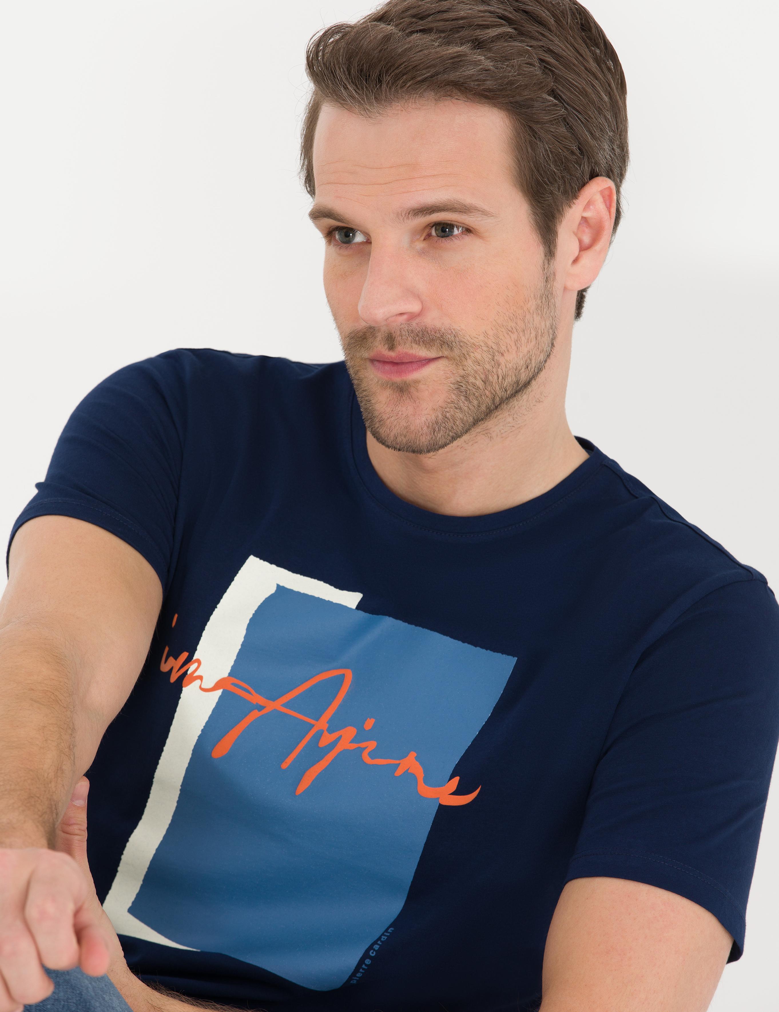 Lacivert Slim Fit Baskılı Bisiklet Yaka Tişört