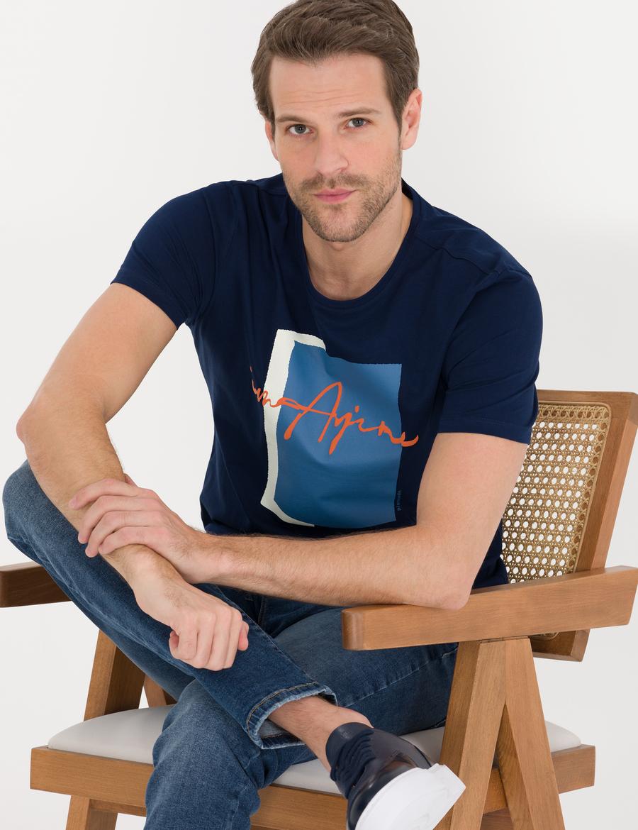 Lacivert Slim Fit Baskılı Bisiklet Yaka Tişört