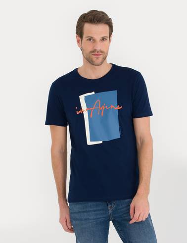 Lacivert Slim Fit Baskılı Bisiklet Yaka Tişört