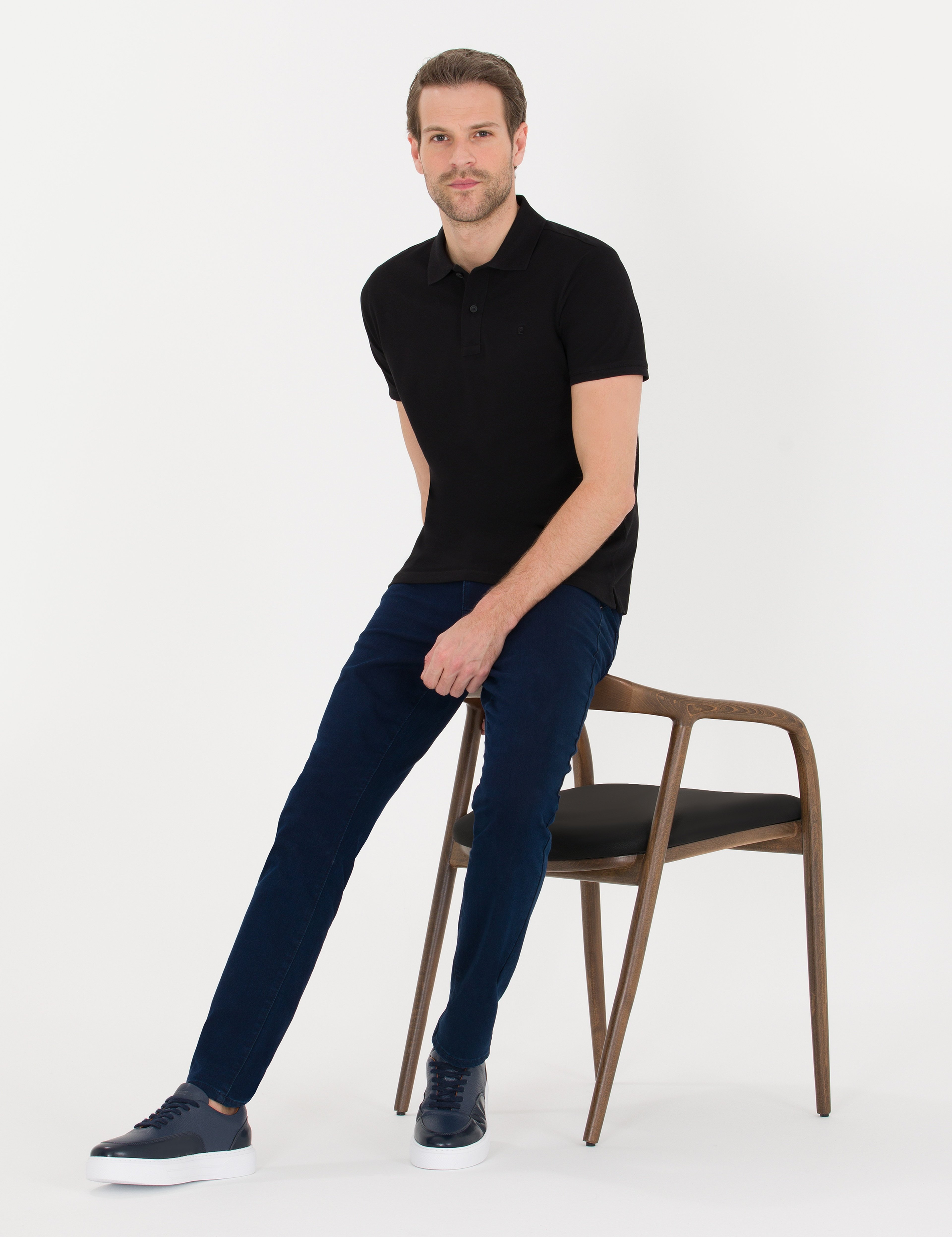 Siyah Slim Fit %100 Pamuk Düğmeli Polo Yaka Basic Tişört - Image 2
