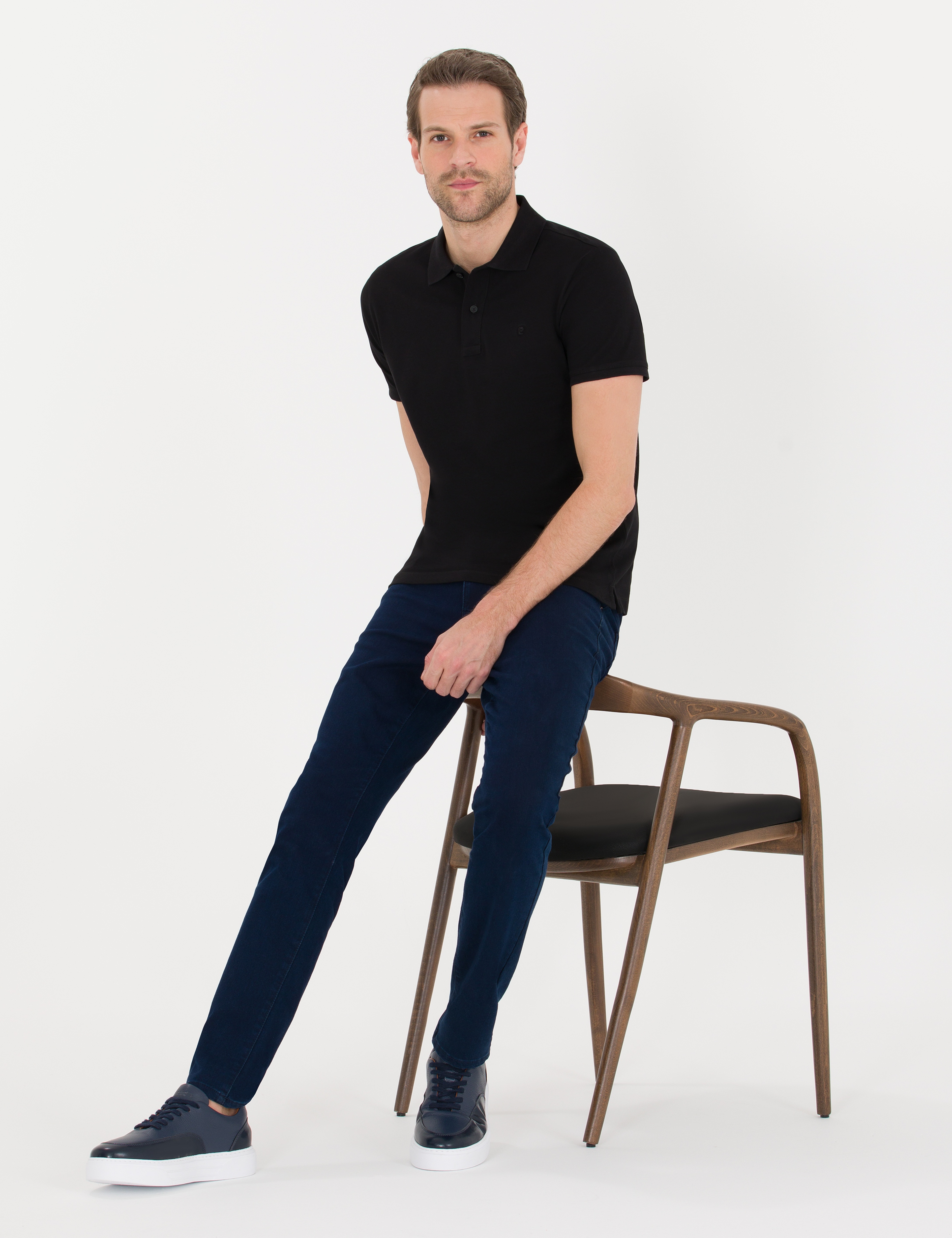 Siyah Slim Fit %100 Pamuk Düğmeli Polo Yaka Basic Tişört