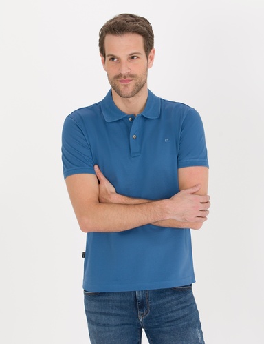 Koyu Mavi Slim Fit %100 Pamuk Düğmeli Polo Yaka Merserize Basic Tişört
