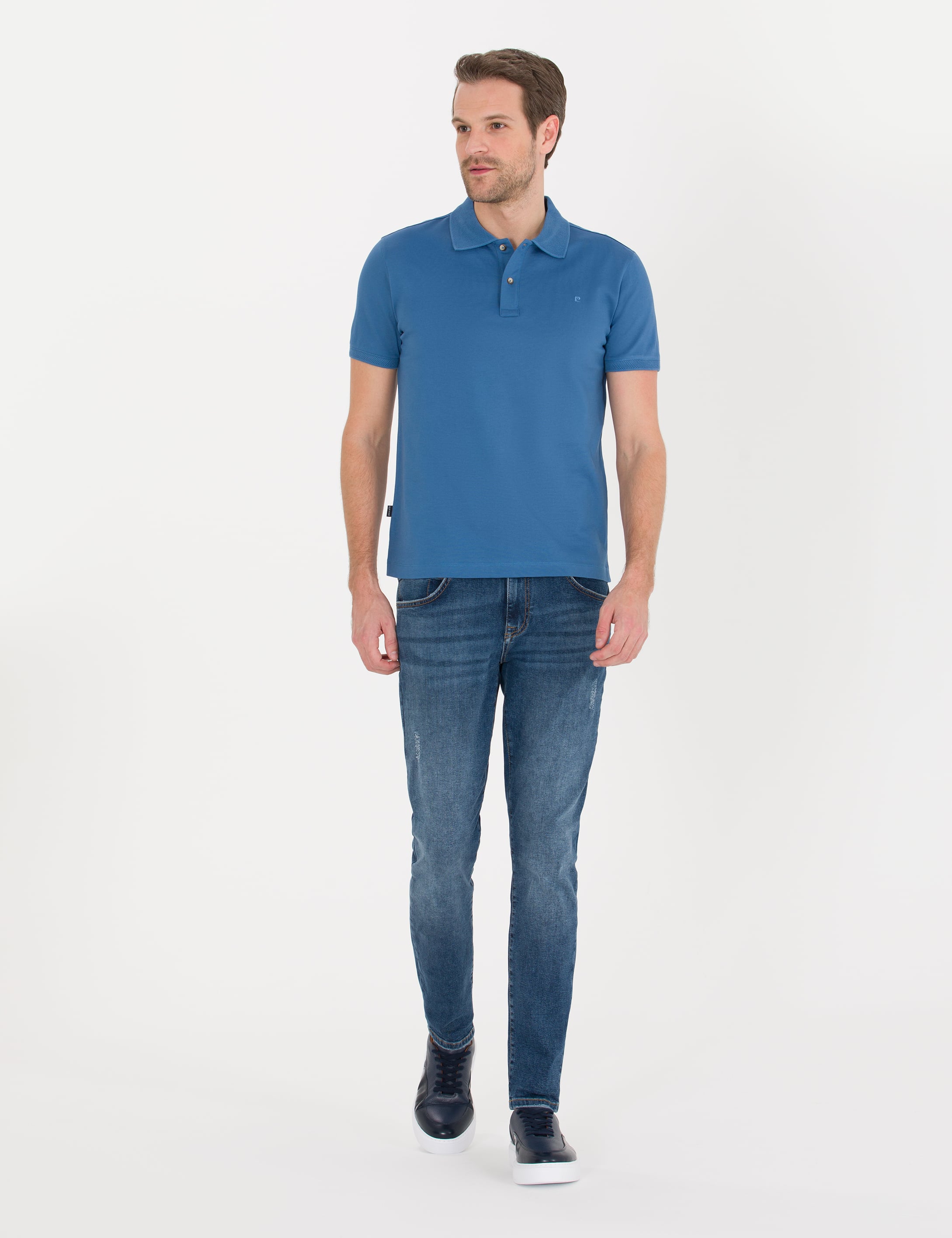 Pierre Cardin Koyu Mavi Slim Fit %100 Pamuk Düğmeli Polo Yaka Merserize Basic Tişört görsel 4