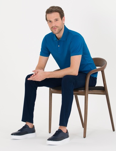 Indigo Slim Fit %100 Pamuk Düğmeli Polo Yaka Merserize Basic Tişört