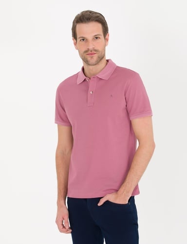 Pembe Slim Fit %100 Pamuk Düğmeli Polo Yaka Merserize Basic Tişört