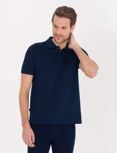Lacivert Slim Fit %100 Pamuk Düğmeli Polo Yaka Merserize Basic Tişört