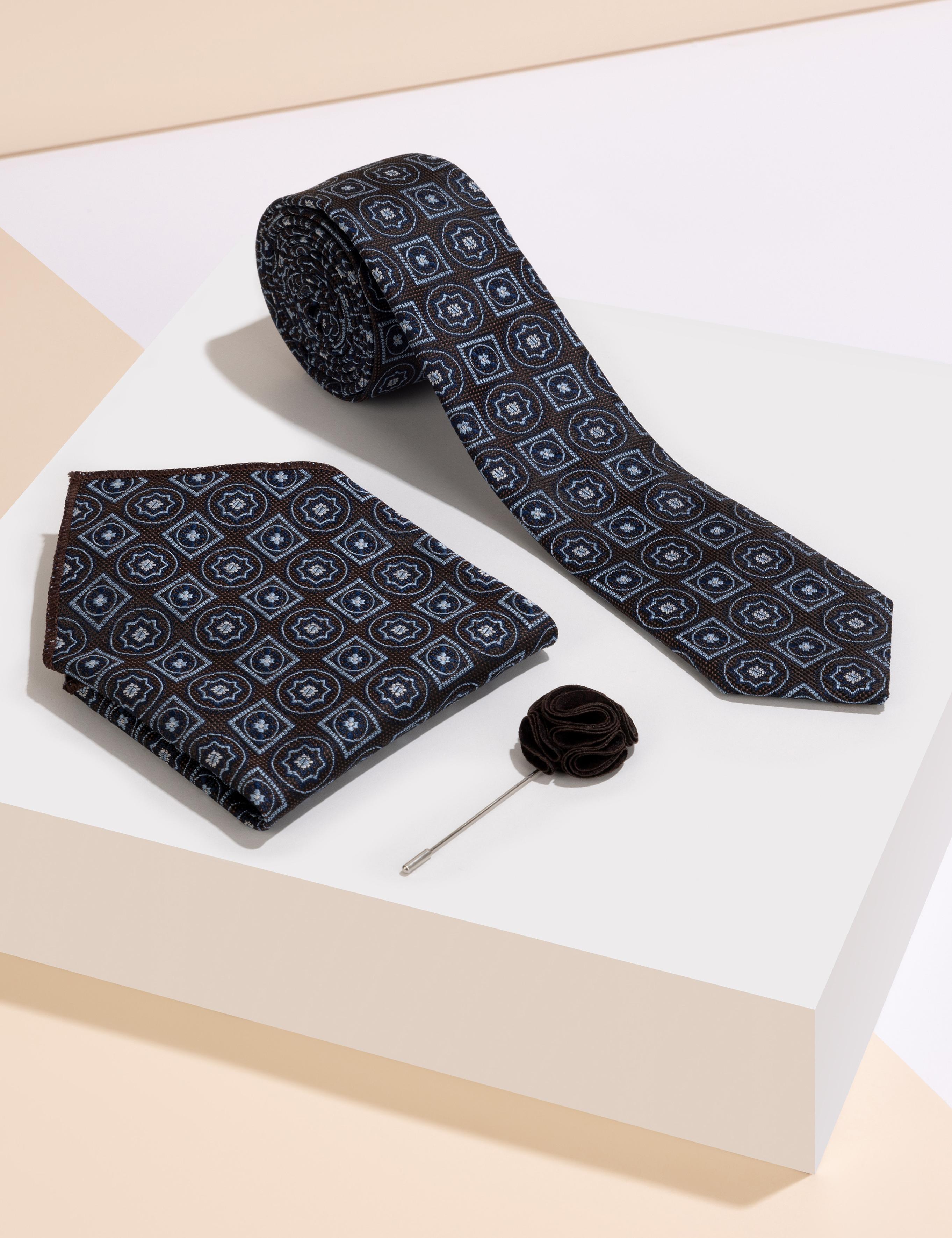 Kahverengi 3'lü Kravat Mendil Set