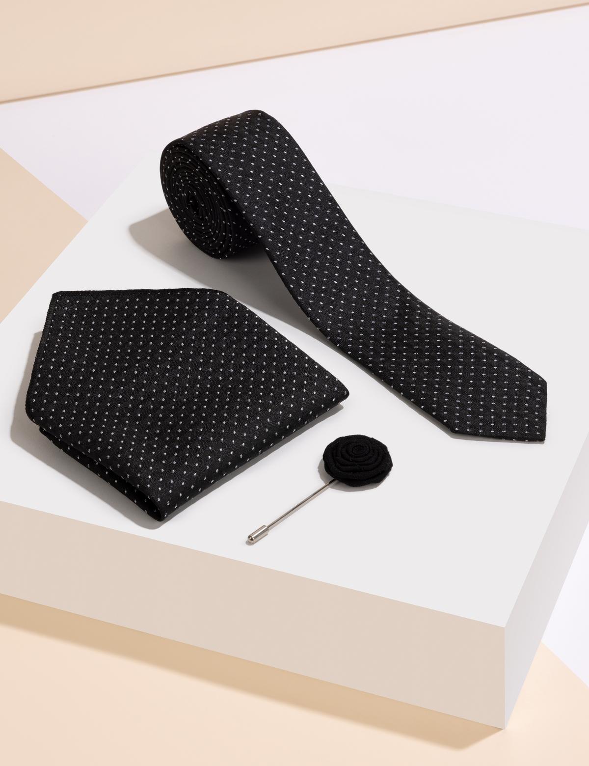 Siyah 3'lü Kravat Mendil Set