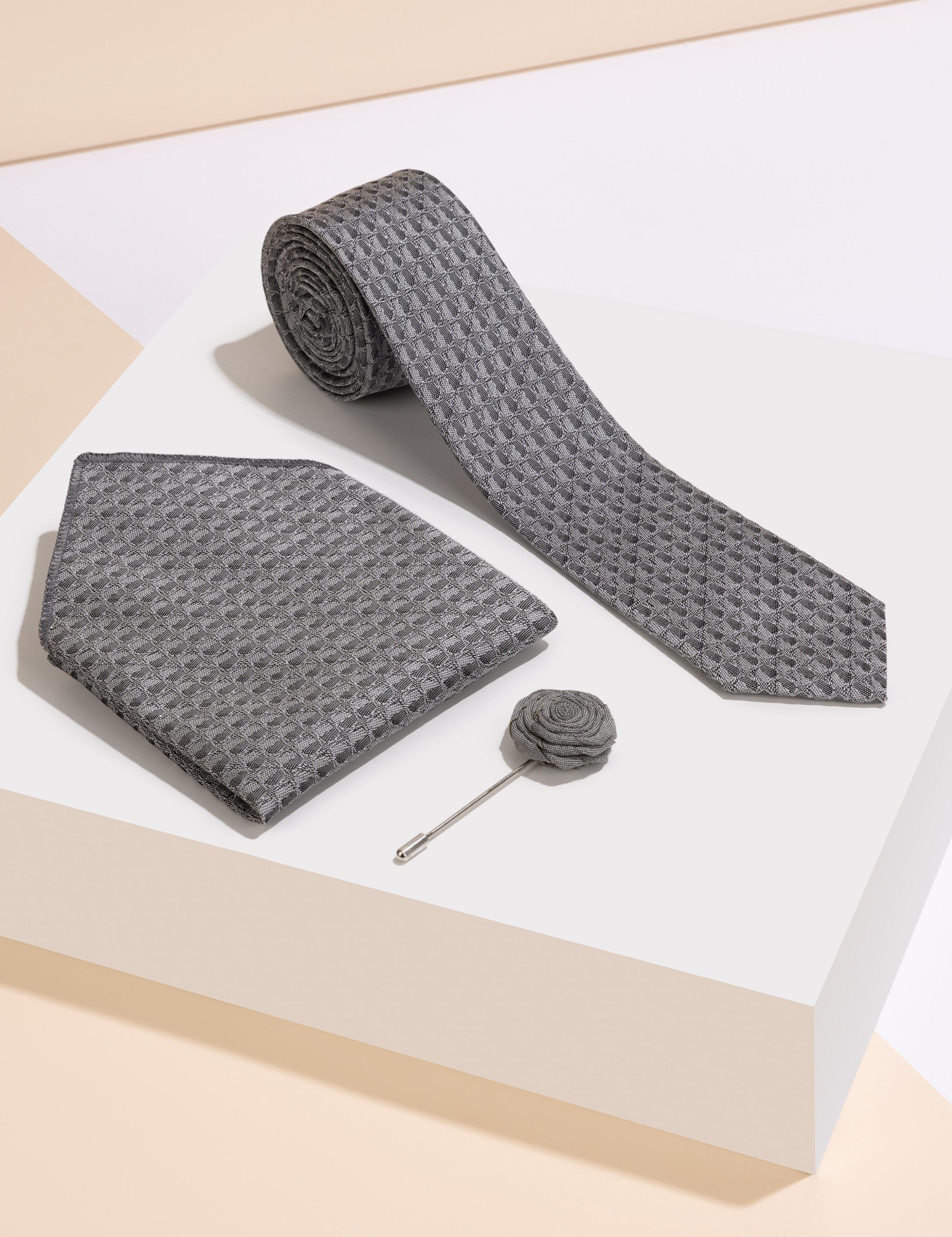 Gri 3'lü Kravat Mendil Set