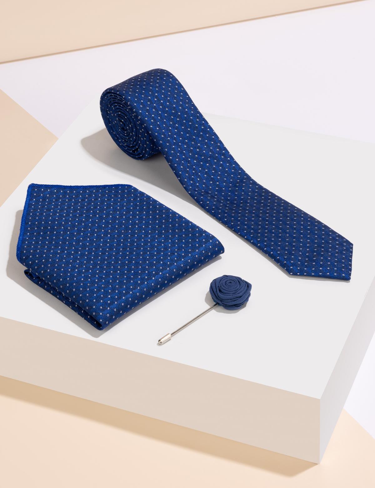 Mavi 3'lü Kravat Mendil Set