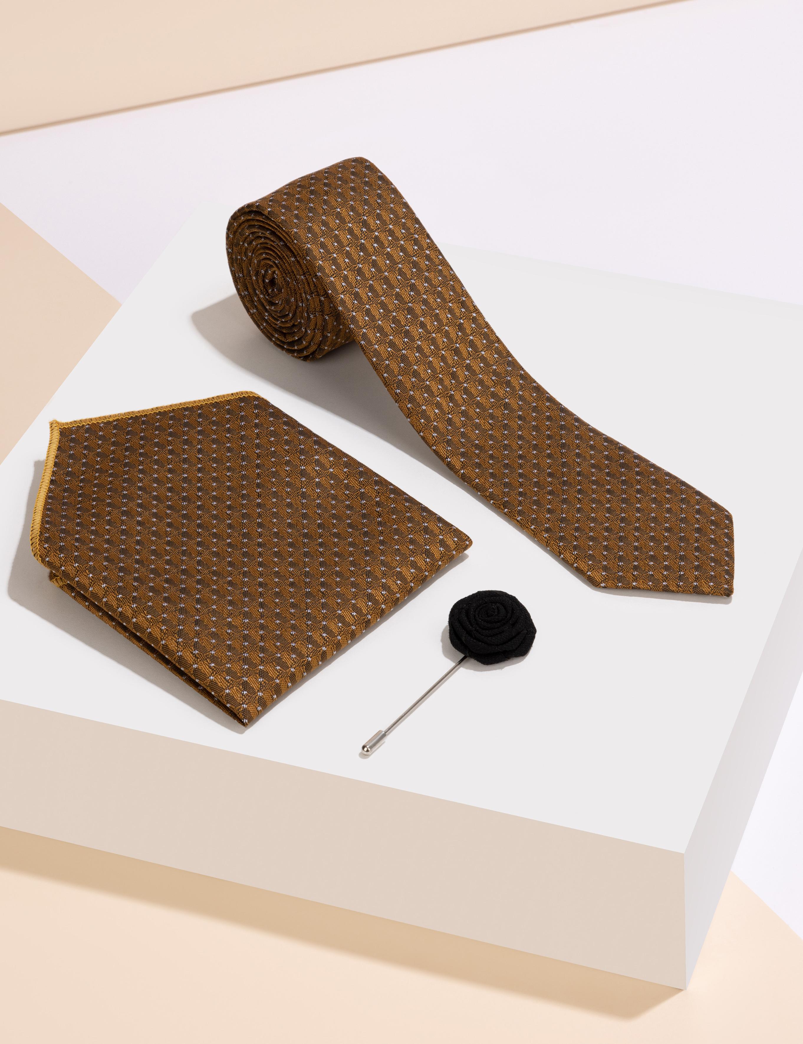 Turuncu 3'lü Kravat-Mendil-Kravat İğnesi Set