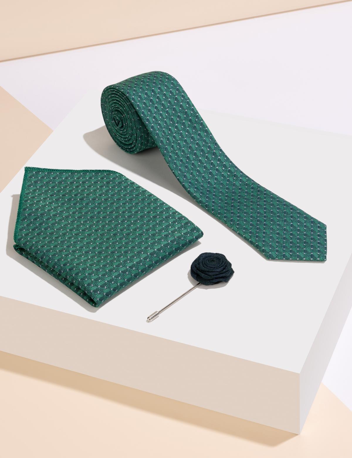 Yeşil 3'lü Kravat-Mendil-Kravat İğnesi Set