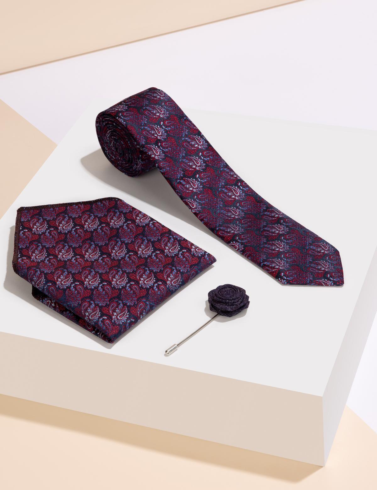 Mor 3'lü Kravat-Mendil-Kravat İğnesi Set