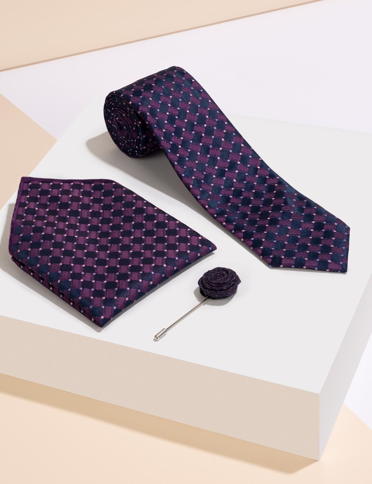 Mor 3'lü Kravat Mendil Set