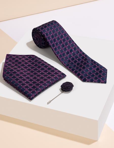 Mor 3'lü Kravat Mendil Set - 50269556002