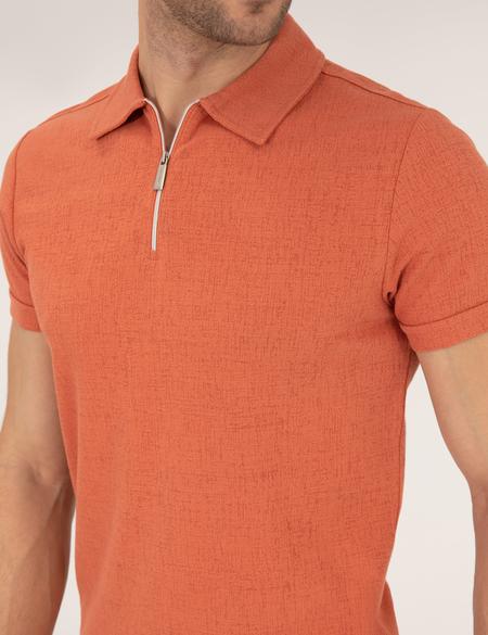 Kahverengi Slim Fit Fermuarlı Polo Yaka Tişört - 50265228037