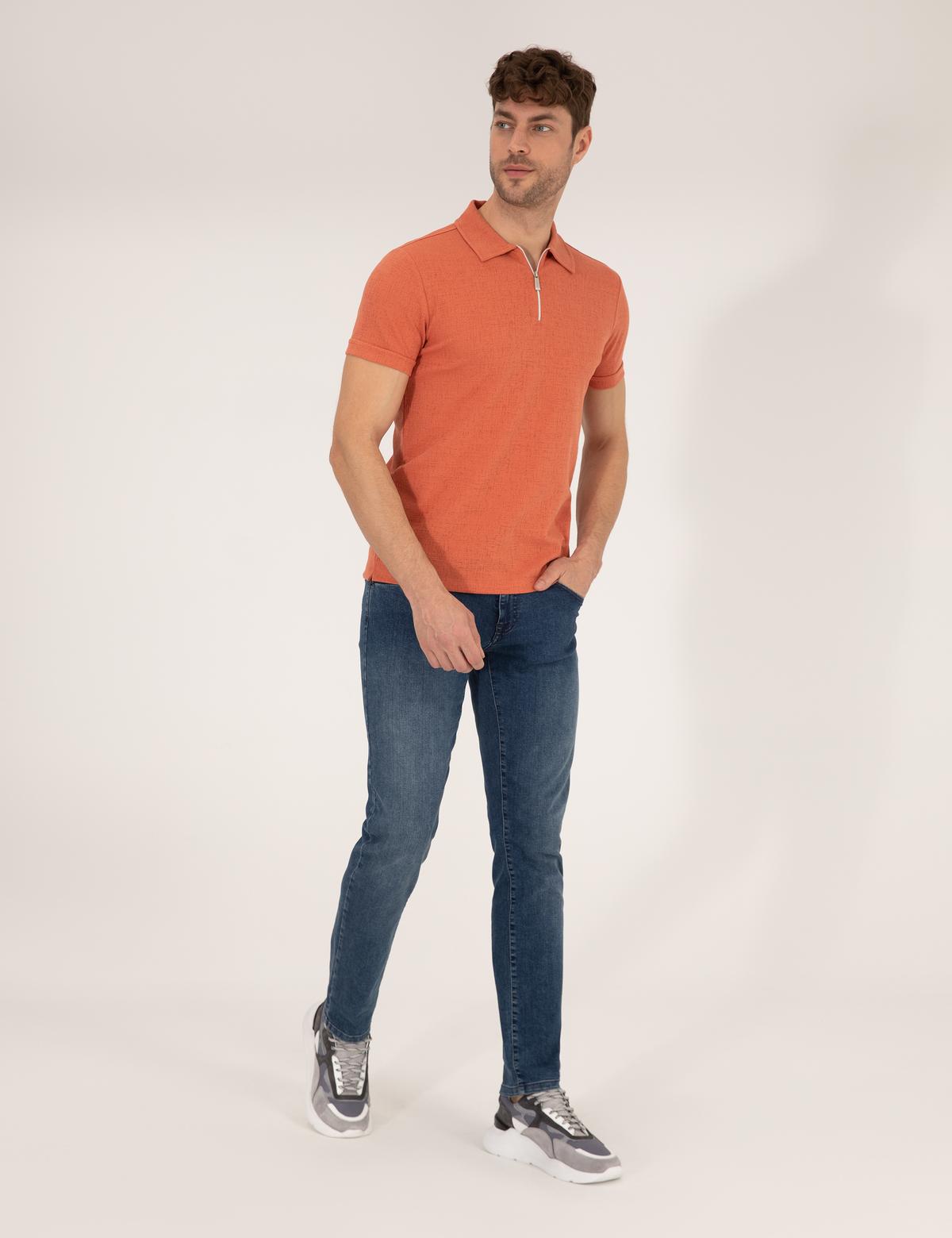 Kahverengi Slim Fit Fermuarlı Polo Yaka Tişört - 50265228037