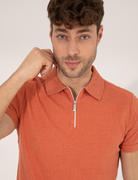 Kahverengi Slim Fit Fermuarlı Polo Yaka Tişört - 50265228037