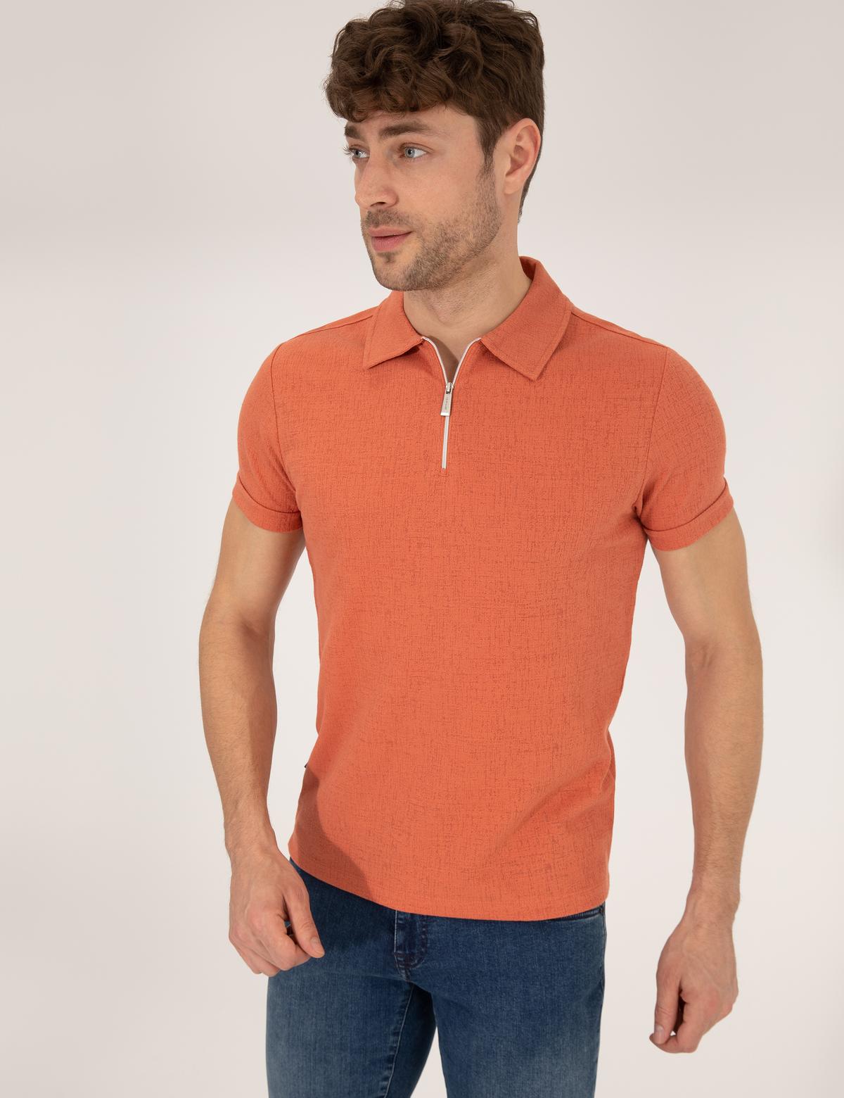 Kahverengi Slim Fit Fermuarlı Polo Yaka Tişört - 50265228037