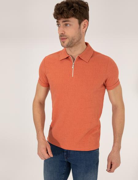 Kahverengi Slim Fit Fermuarlı Polo Yaka Tişört - 50265228037