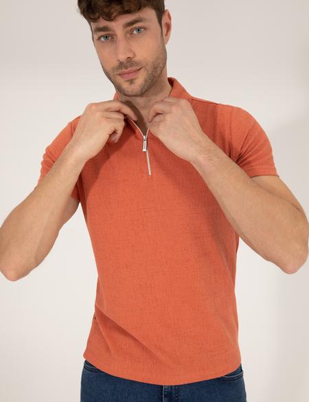 Kahverengi Slim Fit Fermuarlı Polo Yaka Tişört - 50265228037