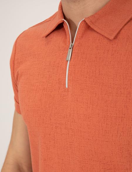 Kahverengi Slim Fit Fermuarlı Polo Yaka Tişört - 50265228037