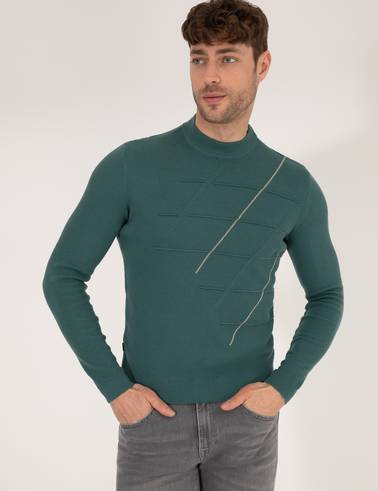 Yeşil Slim Fit Bisiklet Yaka Triko Kazak