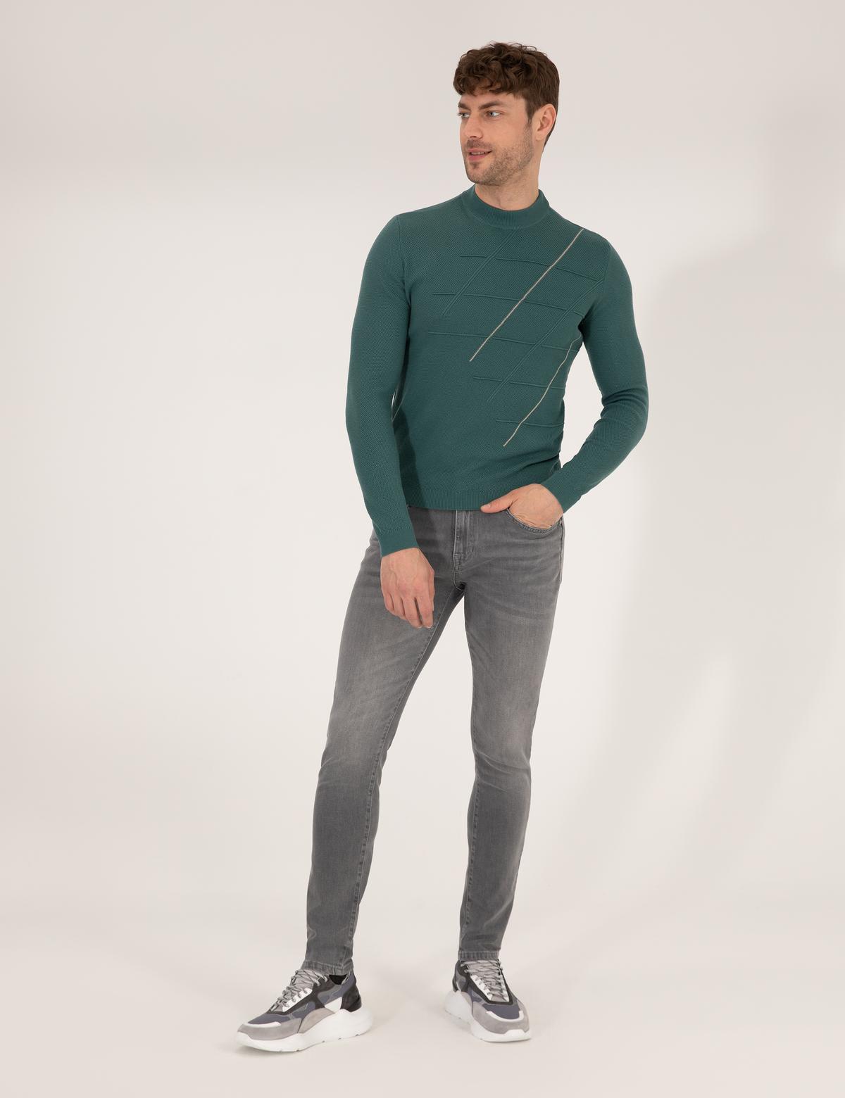 Yeşil Slim Fit Bisiklet Yaka Triko Kazak - 50258800027
