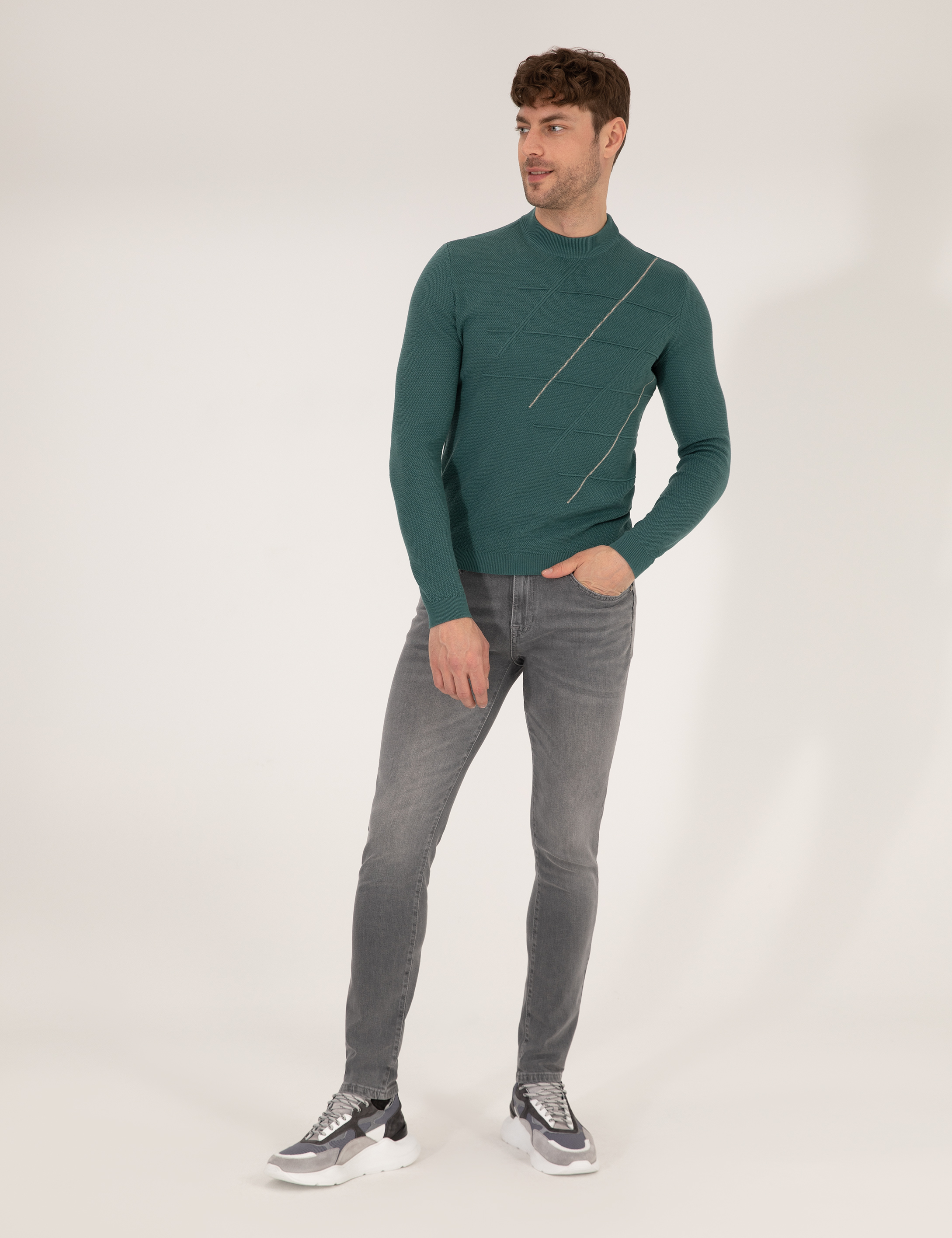 Yeşil Slim Fit Bisiklet Yaka Triko Kazak - Image 4