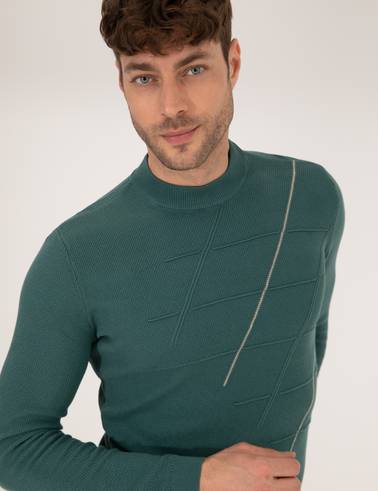 Yeşil Slim Fit Bisiklet Yaka Triko Kazak