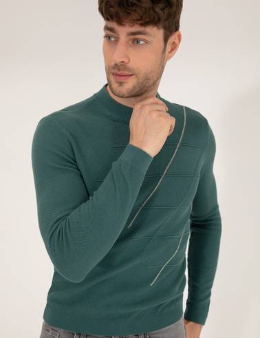 Yeşil Slim Fit Bisiklet Yaka Triko Kazak