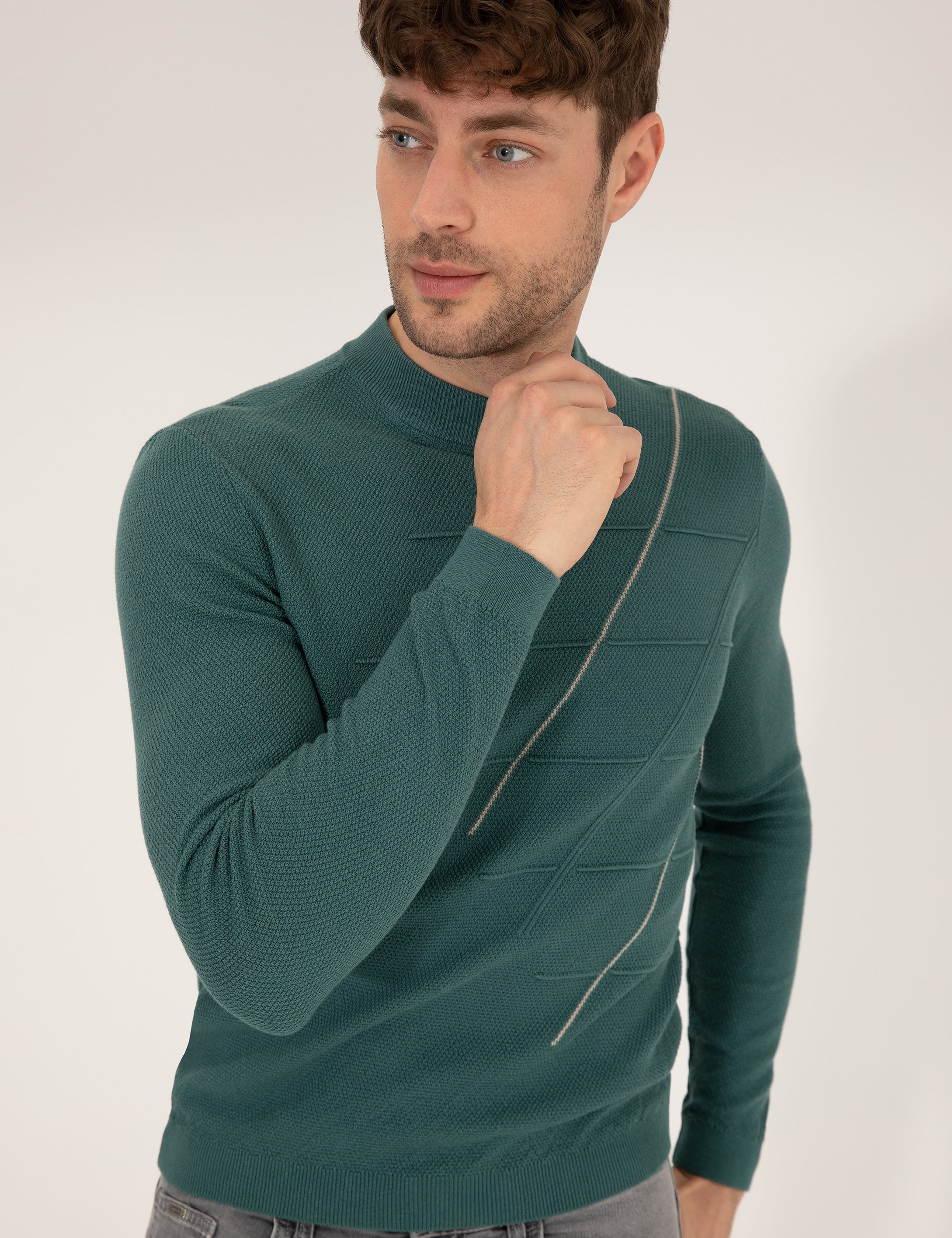 Yeşil Slim Fit Bisiklet Yaka Triko Kazak