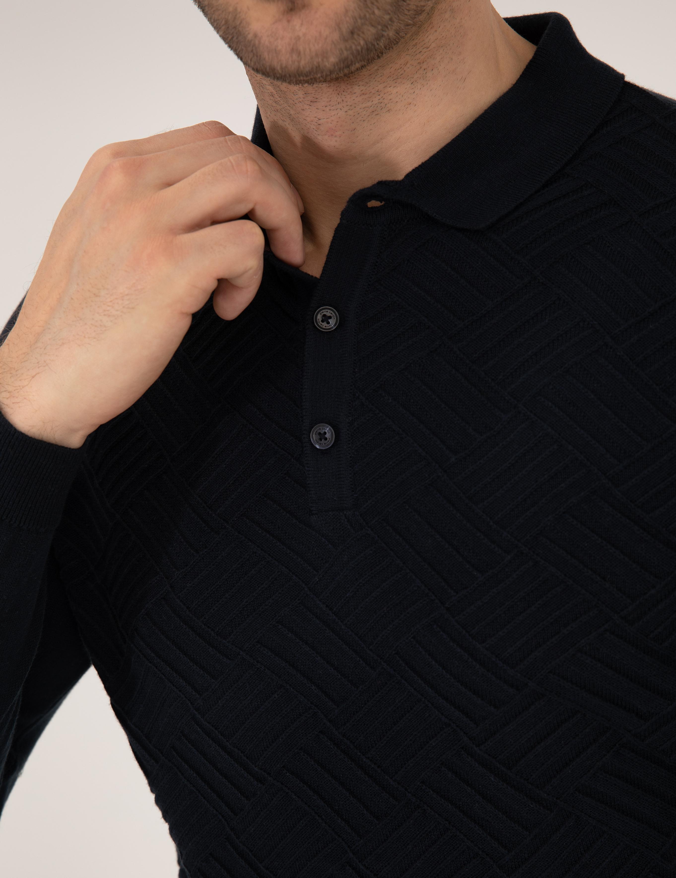 Lacivert Slim Fit Düğmeli Polo Yaka Triko Kazak