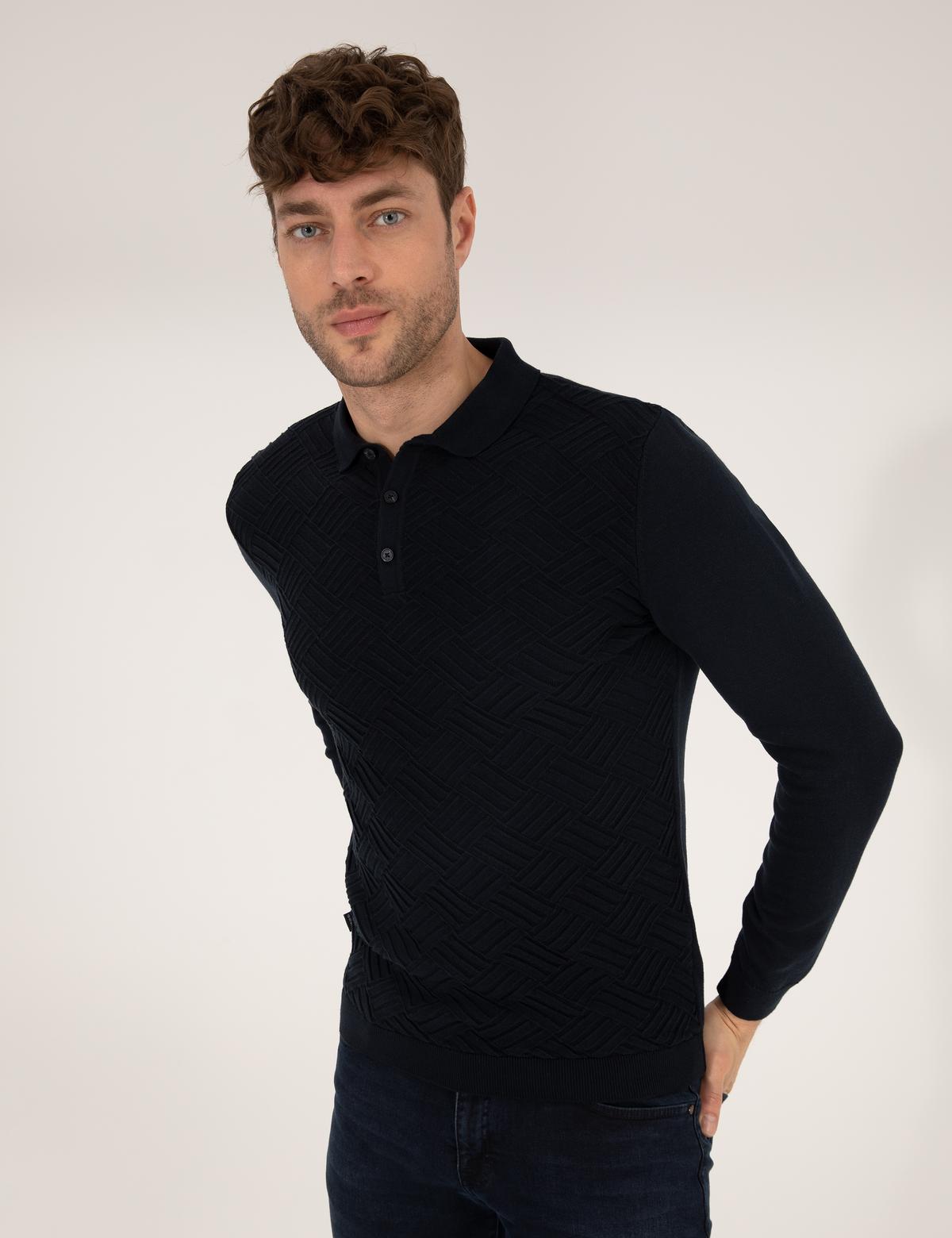 Lacivert Slim Fit Düğmeli Polo Yaka Triko Kazak - 50265441010