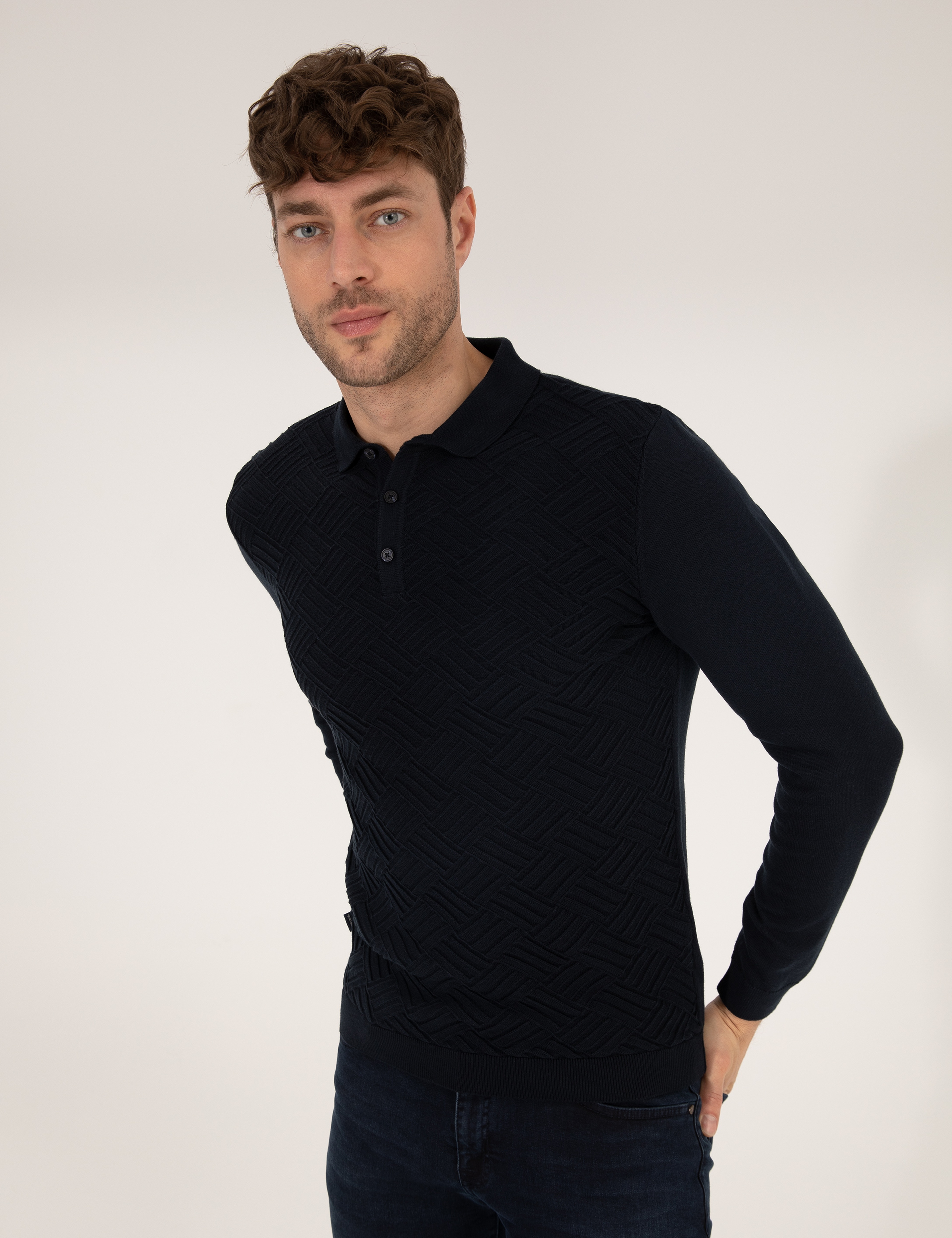 Lacivert Slim Fit Düğmeli Polo Yaka Triko Kazak