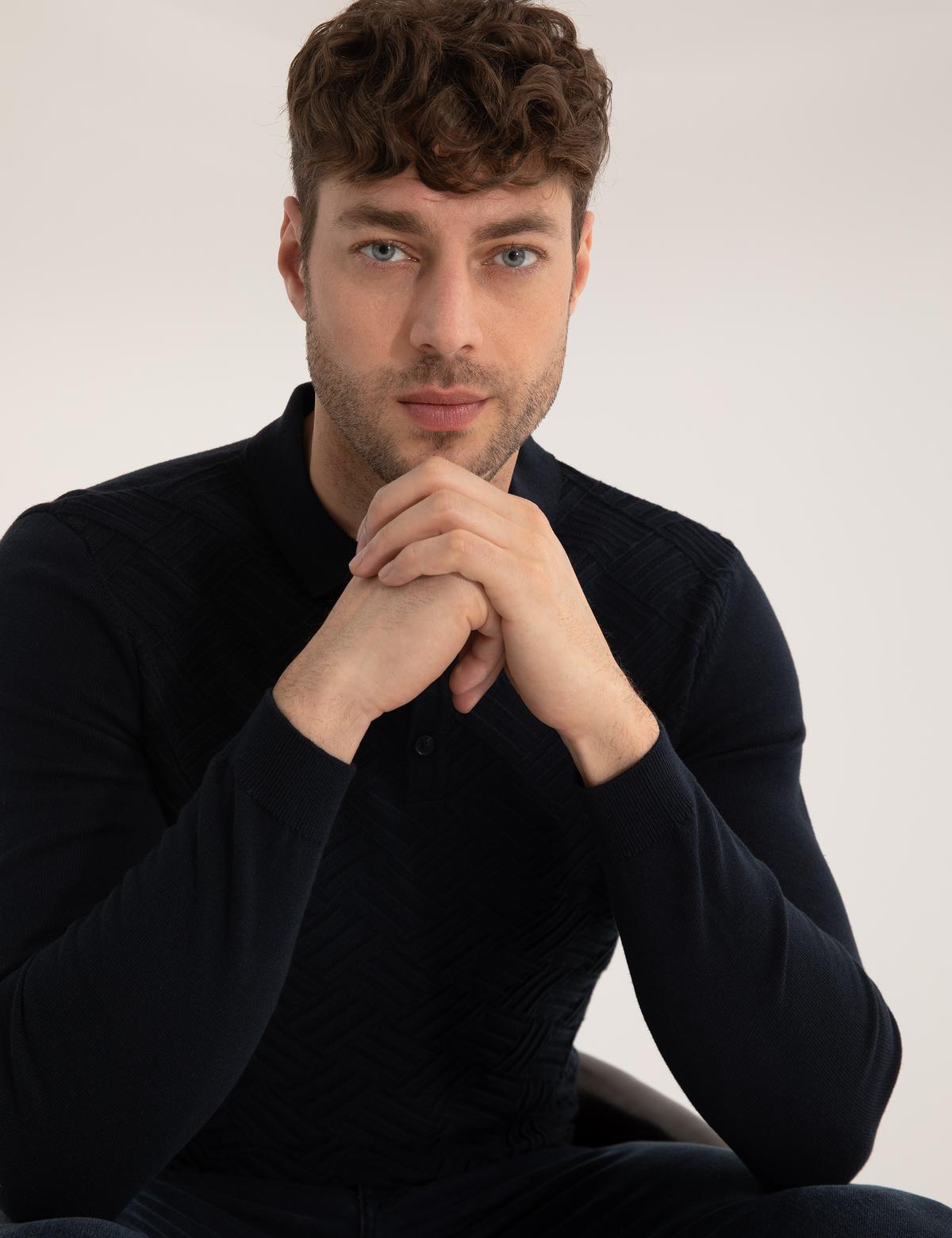 Lacivert Slim Fit Düğmeli Polo Yaka Triko Kazak - 50265441010