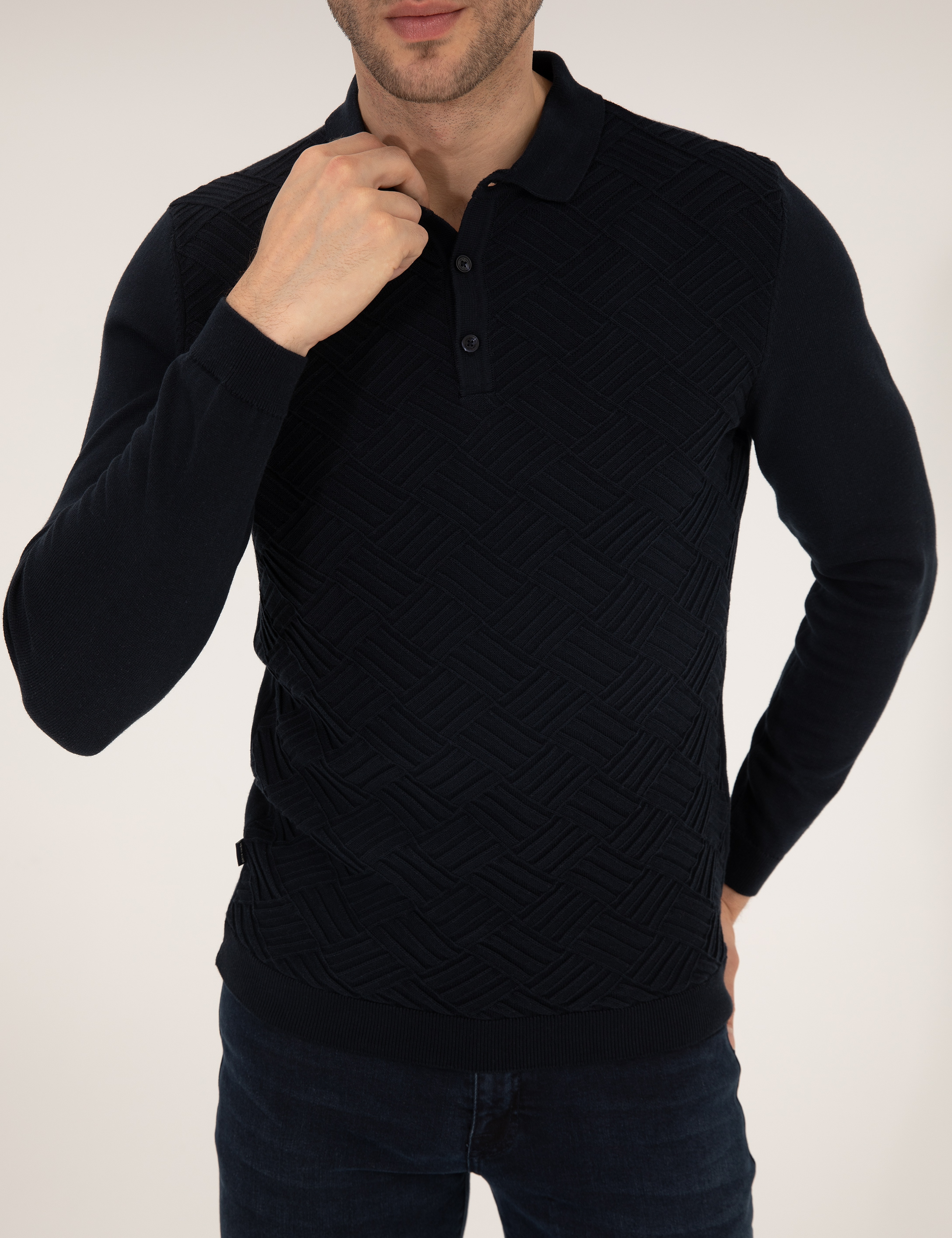 Lacivert Slim Fit Düğmeli Polo Yaka Triko Kazak - Image 6