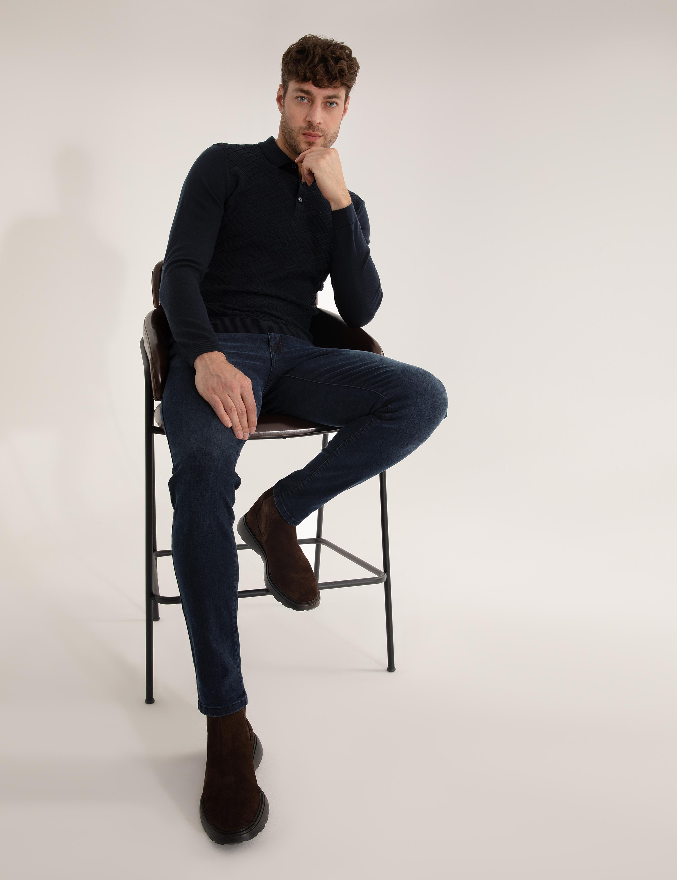 Lacivert Slim Fit Düğmeli Polo Yaka Triko Kazak