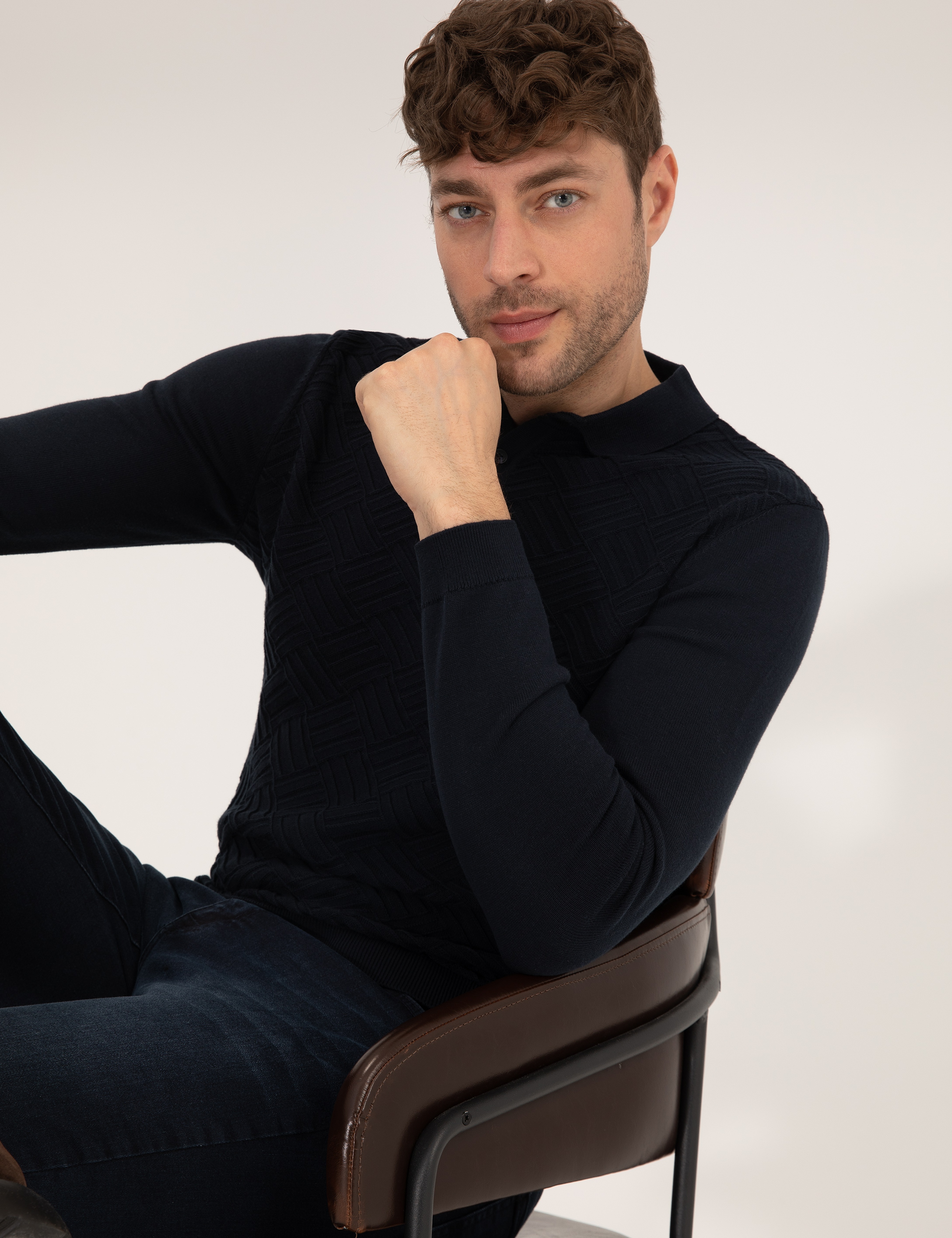 Lacivert Slim Fit Düğmeli Polo Yaka Triko Kazak