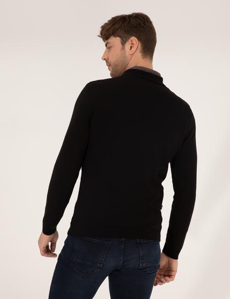 Siyah Slim Fit Polo Yaka Triko Kazak - 50265441013