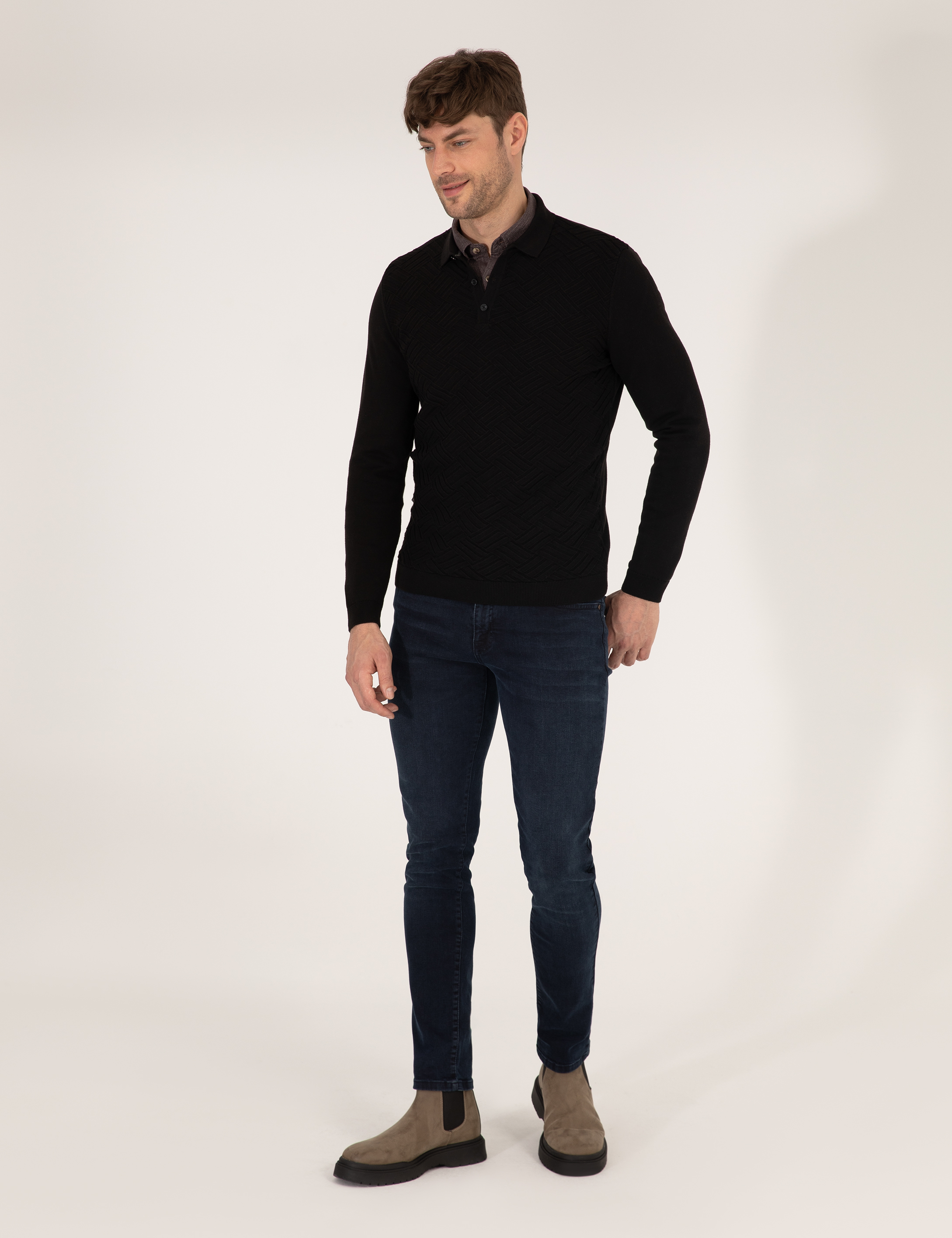Siyah Slim Fit Polo Yaka Triko Kazak - Image 4