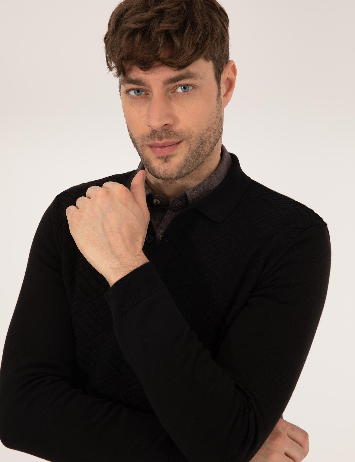 Siyah Slim Fit Polo Yaka Triko Kazak - 50265441013