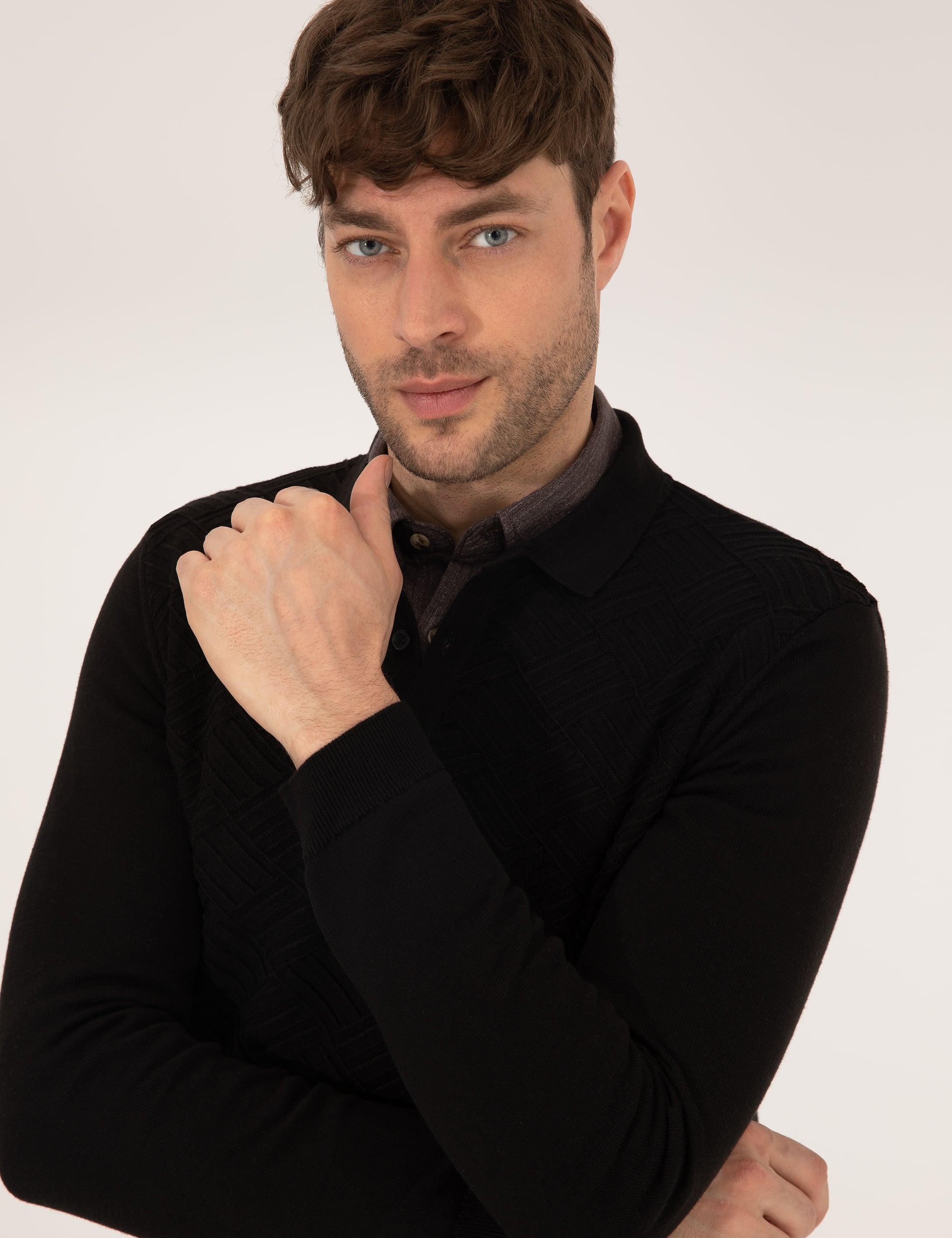 Siyah Slim Fit Polo Yaka Triko Kazak