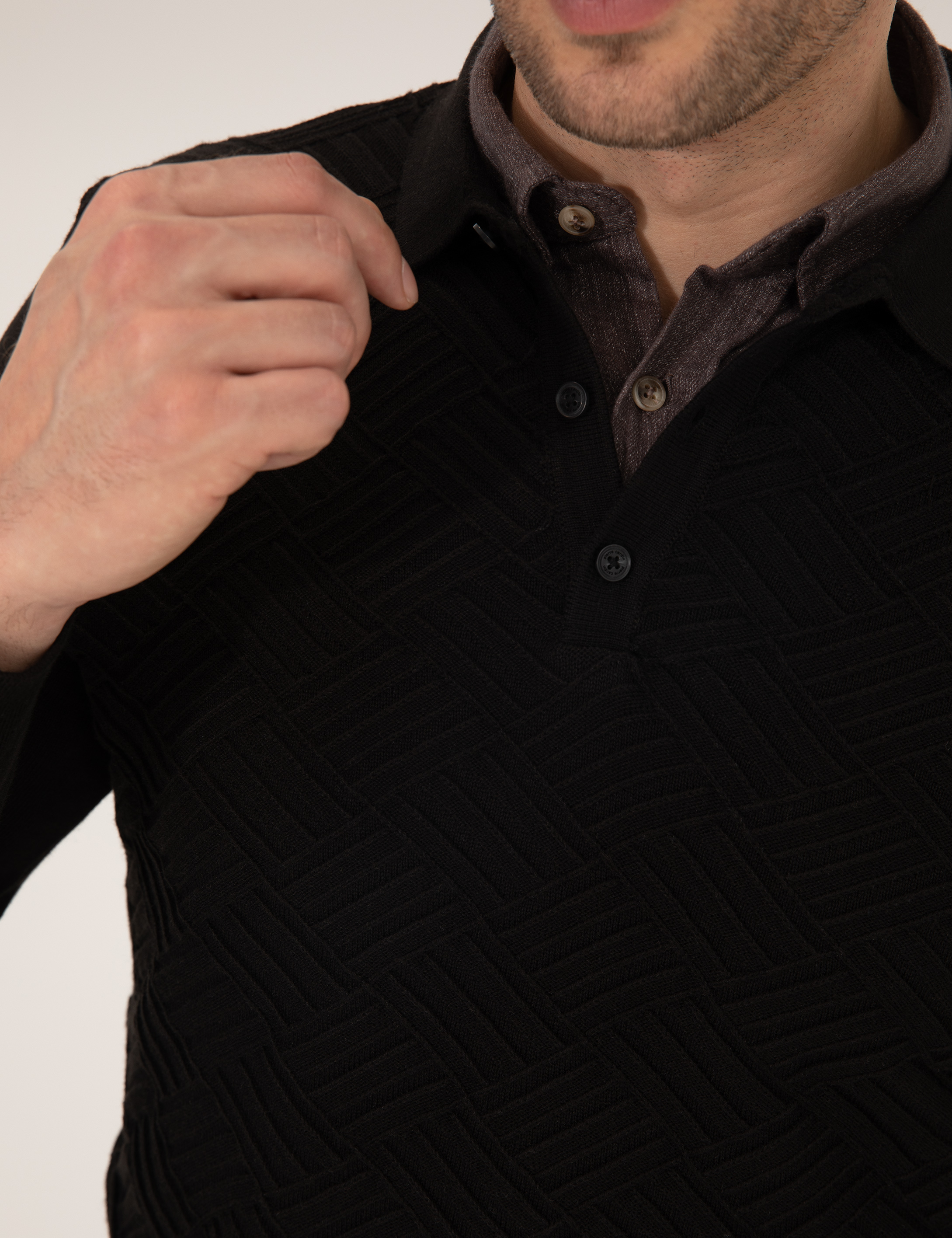 Siyah Slim Fit Polo Yaka Triko Kazak - Image 7