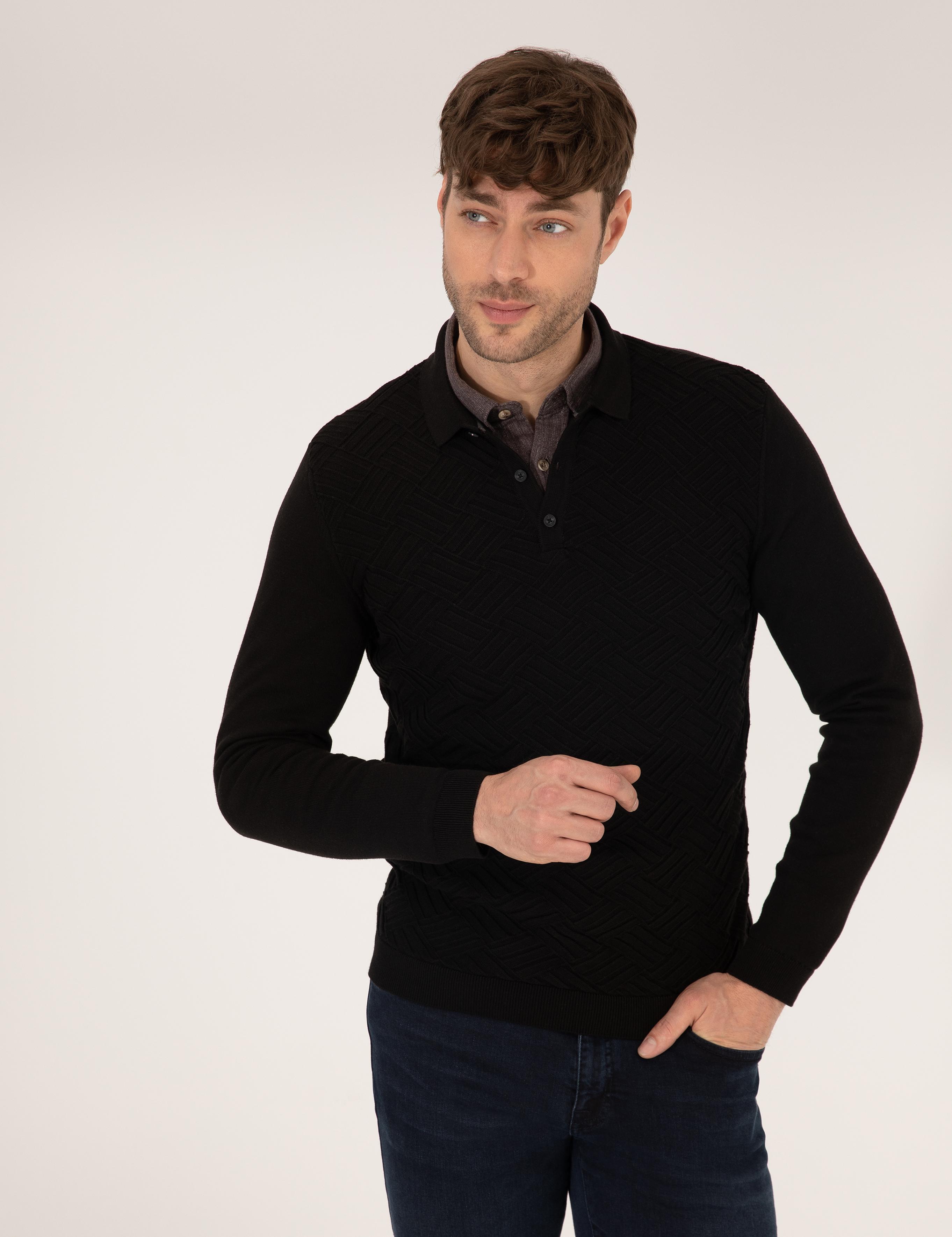 Siyah Slim Fit Polo Yaka Triko Kazak