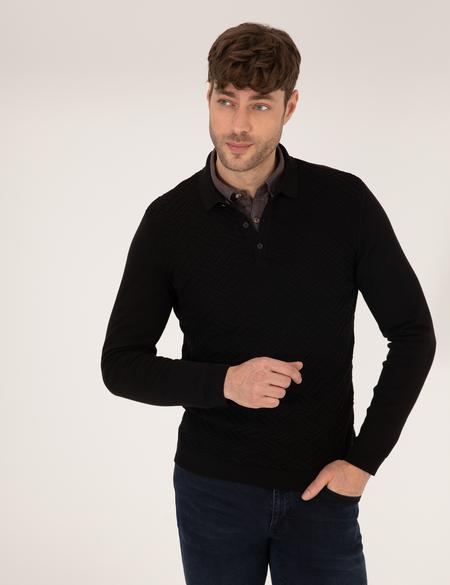 Siyah Slim Fit Polo Yaka Triko Kazak - 50265441013