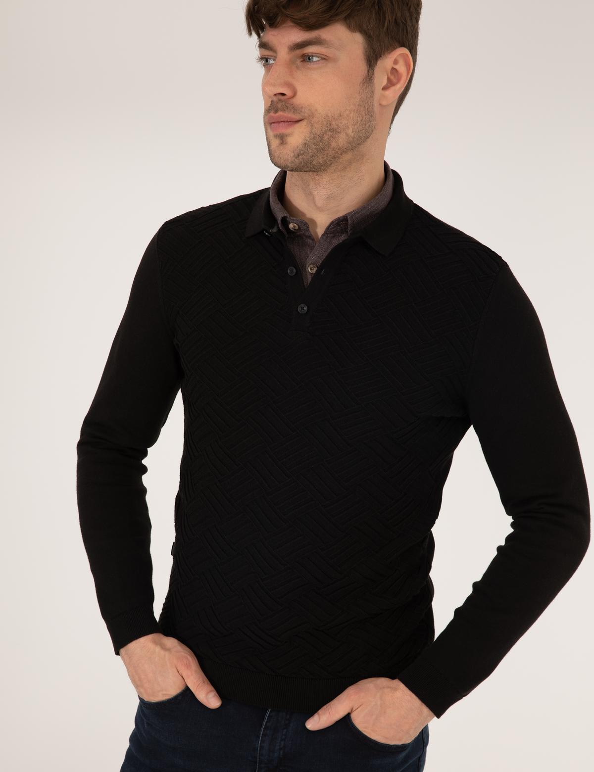 Siyah Slim Fit Polo Yaka Triko Kazak - 50265441013