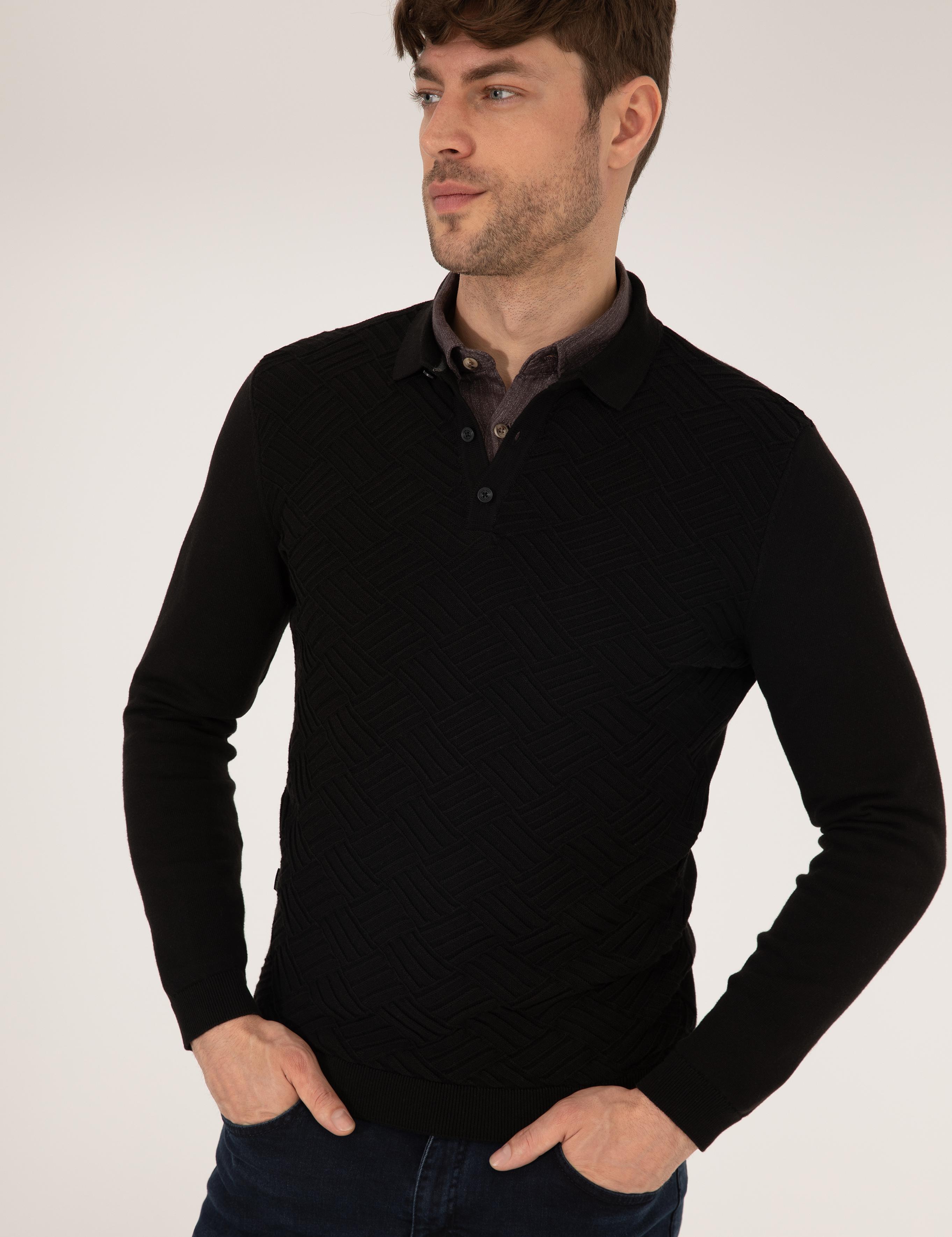 Siyah Slim Fit Polo Yaka Triko Kazak