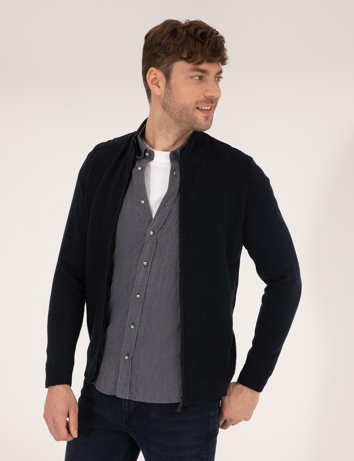 Lacivert Slim Fit Fermuarlı Triko Hırka - 50265903001