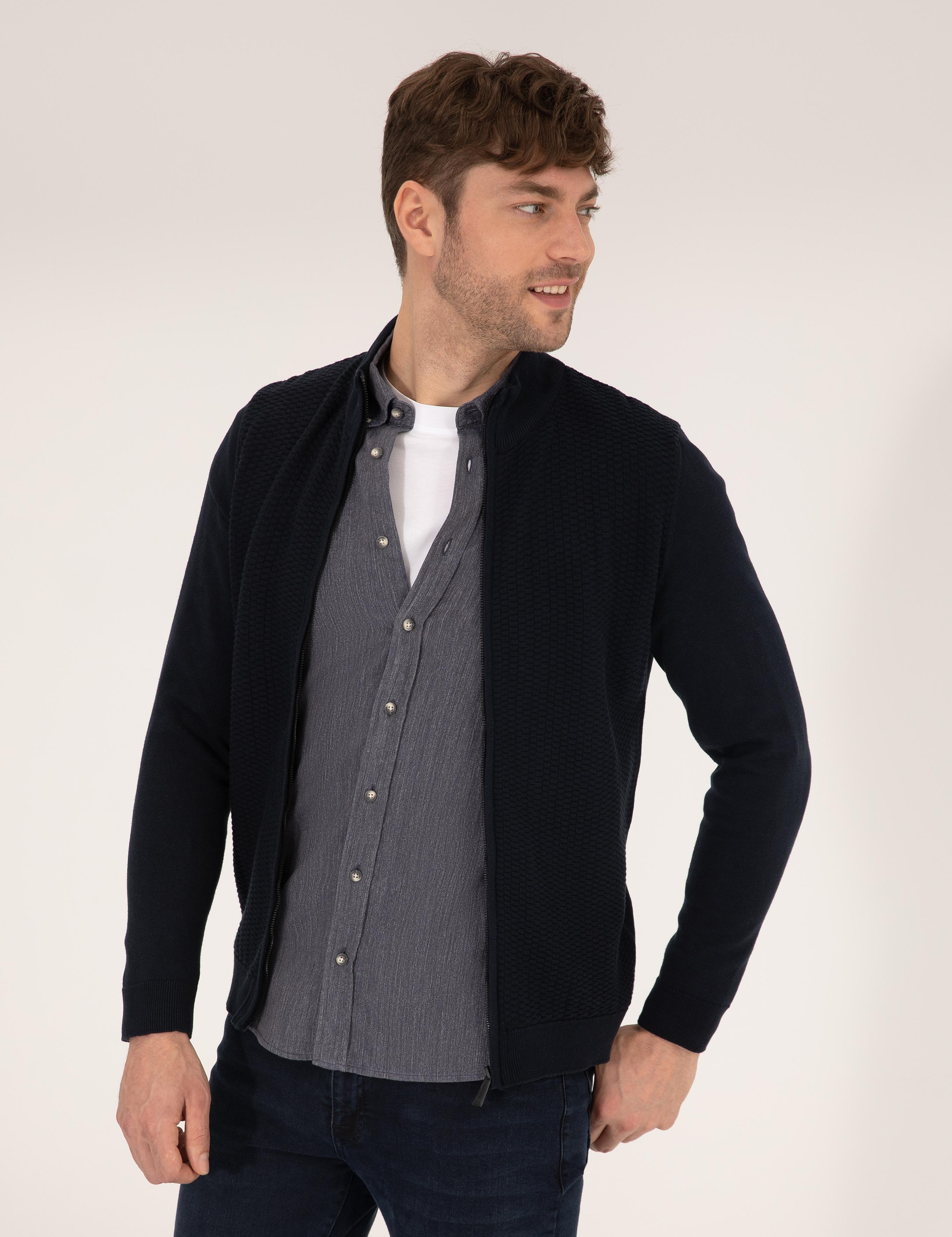 Lacivert Slim Fit Fermuarlı Triko Hırka